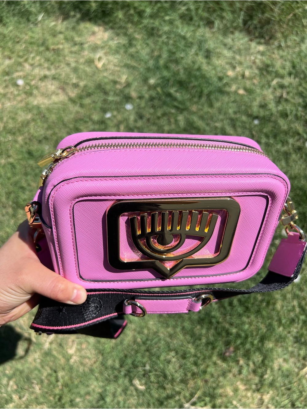 Chiara Ferragni Pink Eye Emblem Crossbody Bag with Gold Hardware